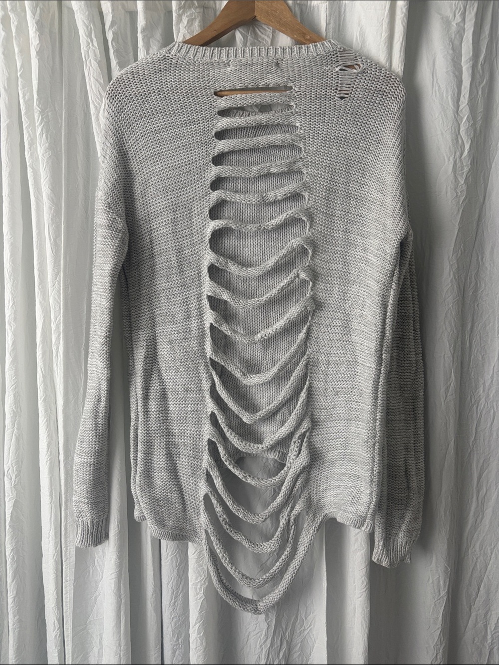 Harper Light Gray Distressed Open-Back Sweater